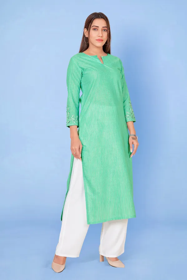 Green_Cotton_Straight_Readymade_Kurti_For_Women