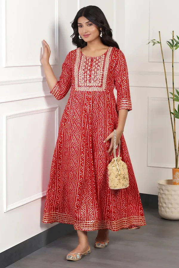 Red_Anarkali_Kurta_with_Bandhni_Print_|_Cotton_Fabric_and_Maxi_Length_Kurta