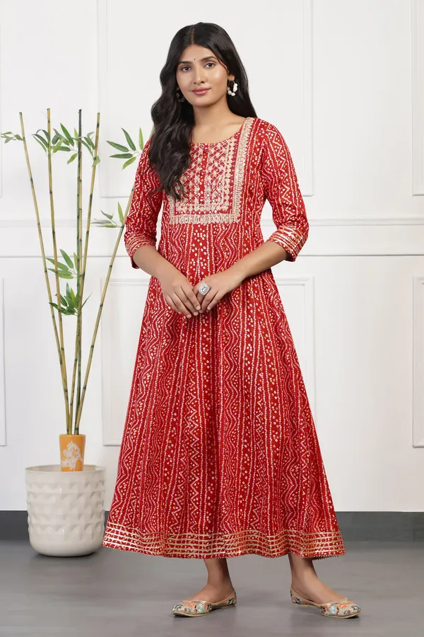 Red_Anarkali_Kurta_with_Bandhni_Print_|_Cotton_Fabric_and_Maxi_Length_Kurta
