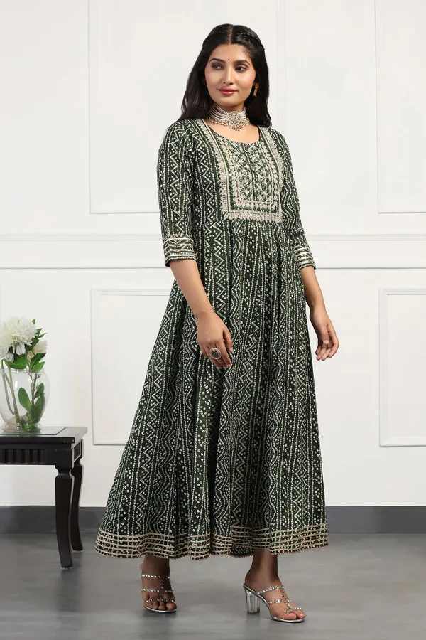 Green_Cotton_Bandhani_Printed_Anarkali_Maxi_Length_Kurta