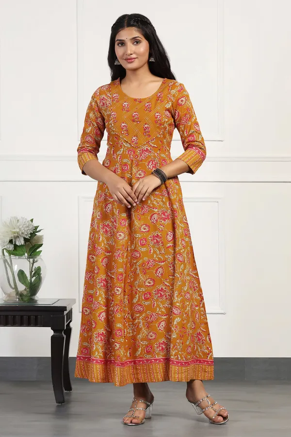 Mustard_Yellow_Cotton_Floral_Printed_Anarkali_Maxi_Length_Kurta