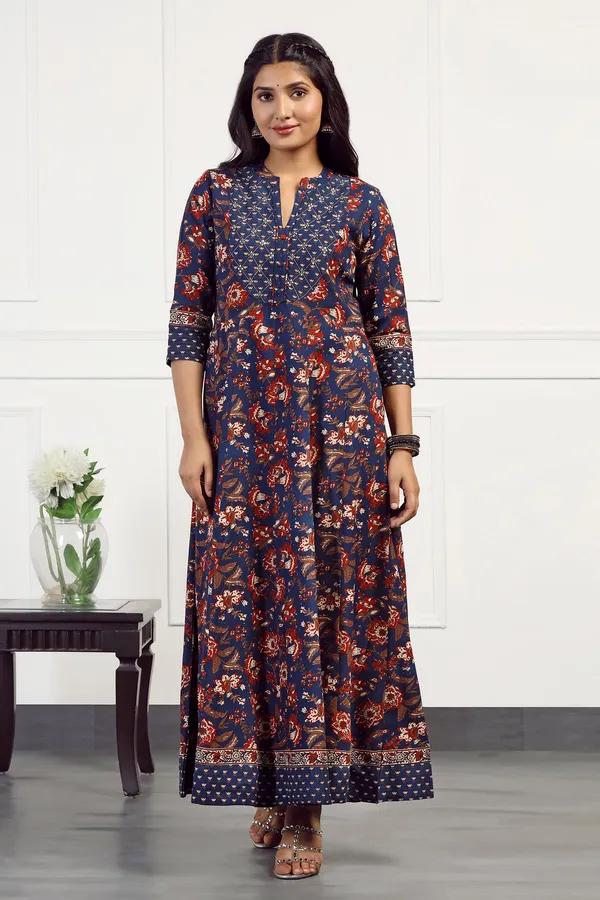 Navy_Blue_Cotton_Floral_Printed_Anarkali_Maxi_Length_Kurta