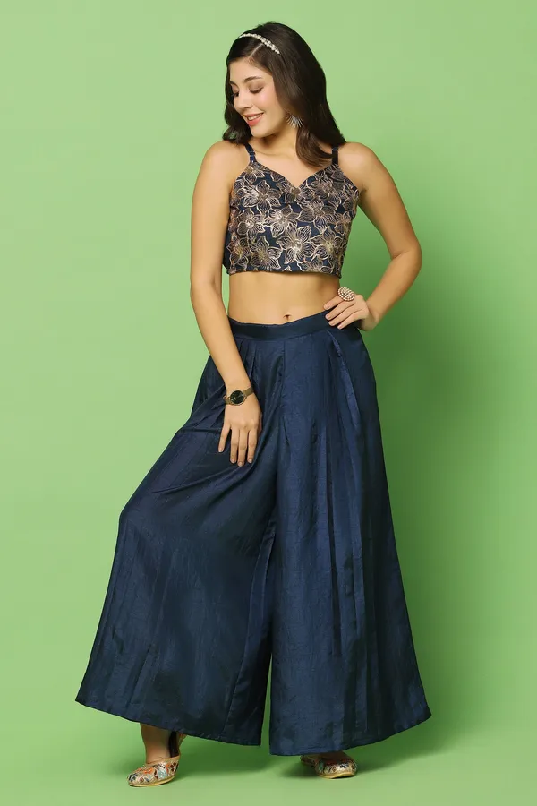 Navy_Blue_Embroidered_Crop_Top_And_Palazzo_Set_With_Floral_Printed_Shrug_For_Women