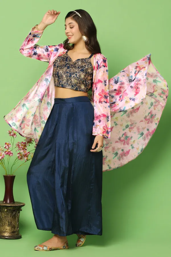 Navy_Blue_Embroidered_Crop_Top_And_Palazzo_Set_With_Floral_Printed_Shrug_For_Women