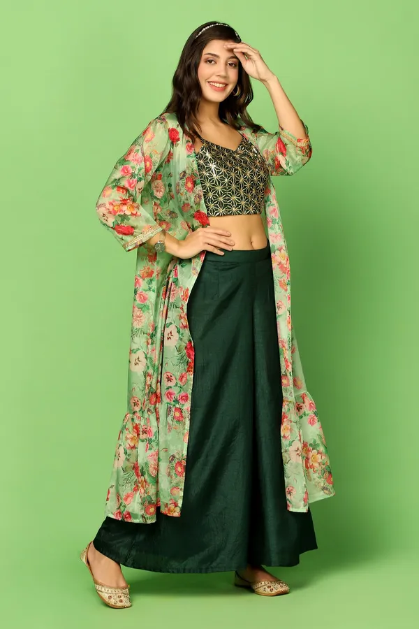 Bottel_Green_Embroidered_Crop_Top_And_Palazzo_Set_With_Floral_Printed_Shrug_For_Women