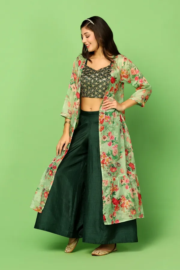 Bottel_Green_Embroidered_Crop_Top_And_Palazzo_Set_With_Floral_Printed_Shrug_For_Women