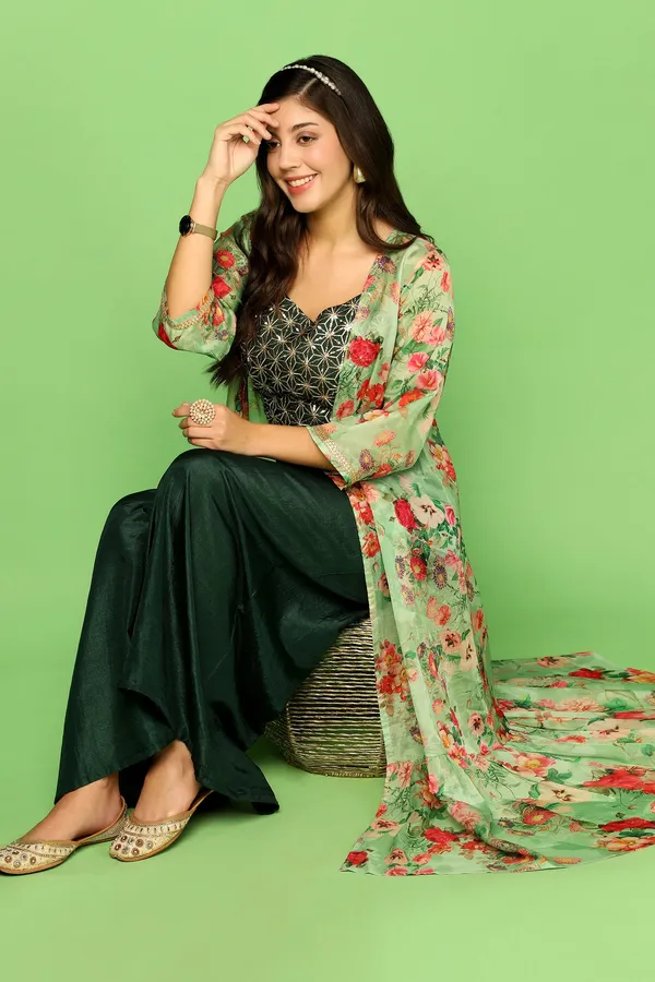 Bottel_Green_Embroidered_Crop_Top_And_Palazzo_Set_With_Floral_Printed_Shrug_For_Women