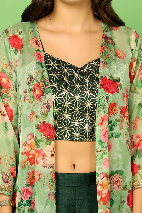 Bottel_Green_Embroidered_Crop_Top_And_Palazzo_Set_With_Floral_Printed_Shrug_For_Women