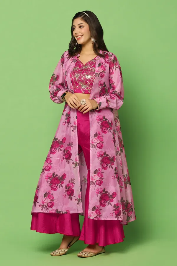 Rani_Pink_Embroidered_Crop_Top_And_Sharara_Set_With_Floral_Printed_Shrug_For_Women