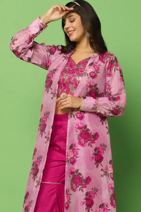 Rani_Pink_Embroidered_Crop_Top_And_Sharara_Set_With_Floral_Printed_Shrug_For_Women
