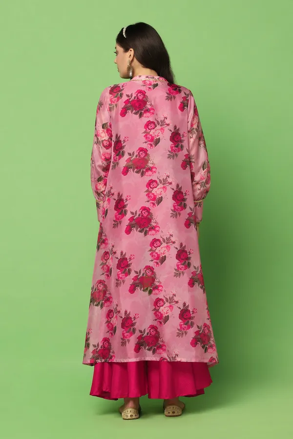 Rani_Pink_Embroidered_Crop_Top_And_Sharara_Set_With_Floral_Printed_Shrug_For_Women