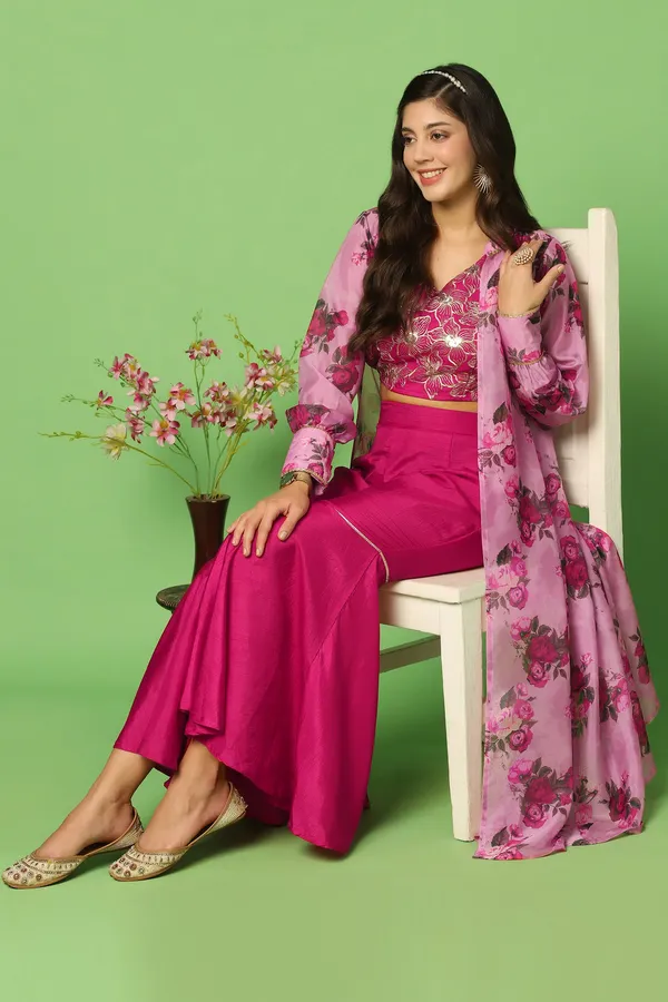 Rani_Pink_Embroidered_Crop_Top_And_Sharara_Set_With_Floral_Printed_Shrug_For_Women