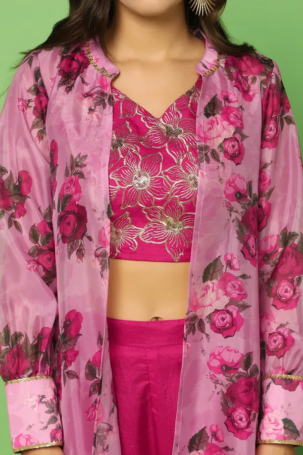 Rani_Pink_Embroidered_Crop_Top_And_Sharara_Set_With_Floral_Printed_Shrug_For_Women