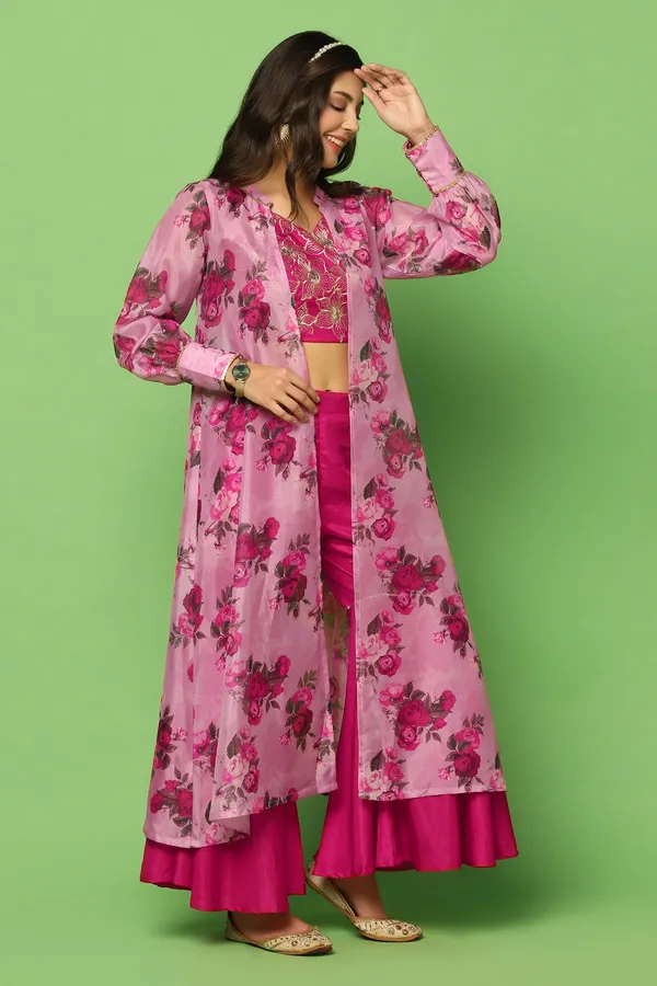 Rani_Pink_Embroidered_Crop_Top_And_Sharara_Set_With_Floral_Printed_Shrug_For_Women