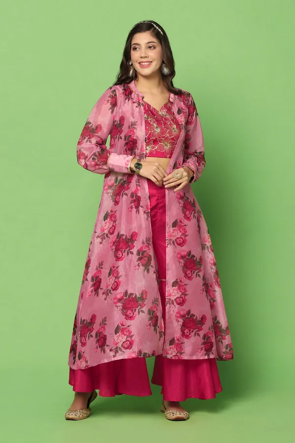 Rani_Pink_Embroidered_Crop_Top_And_Sharara_Set_With_Floral_Printed_Shrug_For_Women