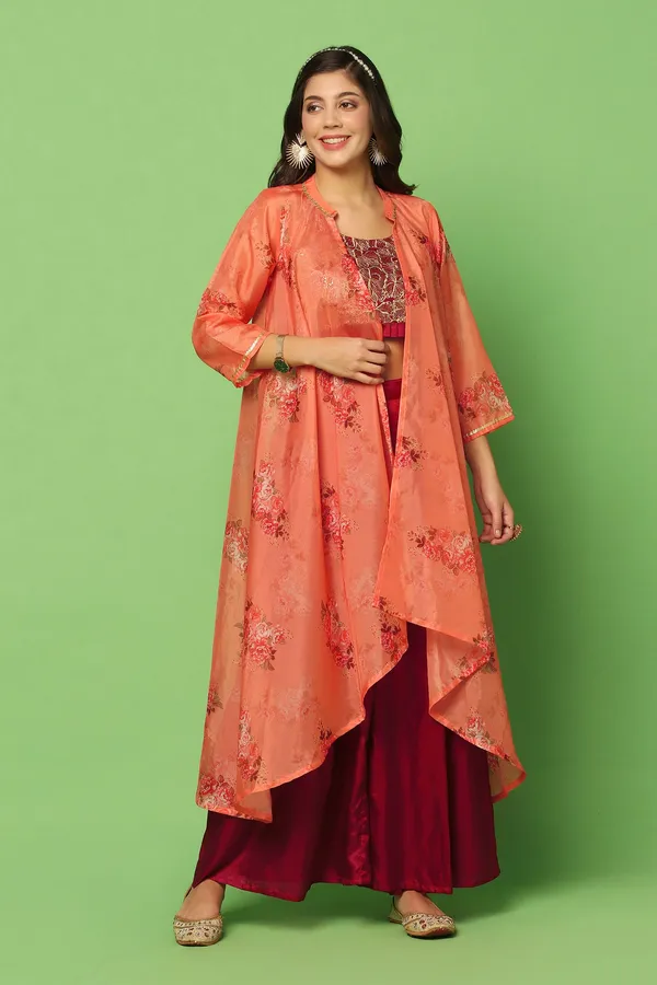 Maroon_Embroidered_Crop_Top_And_Palazzo_Set_With_Floral_Printed_Shrug_For_Women