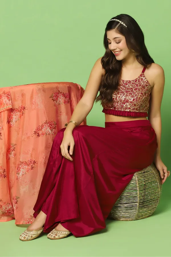 Maroon_Embroidered_Crop_Top_And_Palazzo_Set_With_Floral_Printed_Shrug_For_Women