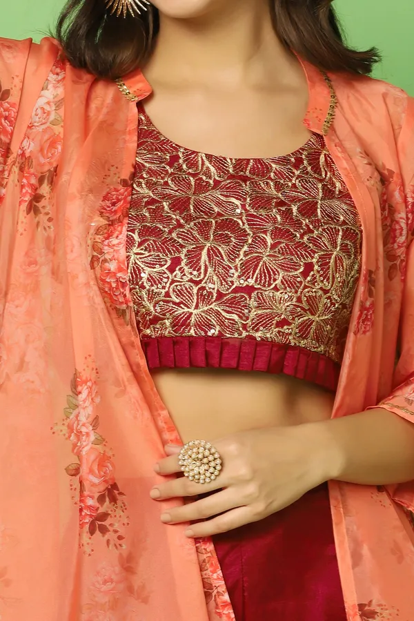 Maroon_Embroidered_Crop_Top_And_Palazzo_Set_With_Floral_Printed_Shrug_For_Women