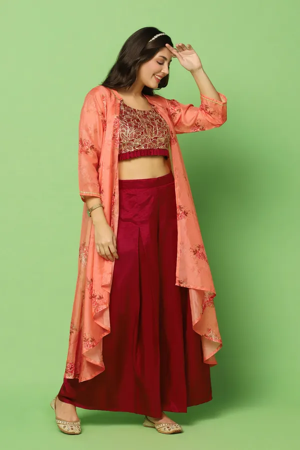 Maroon_Embroidered_Crop_Top_And_Palazzo_Set_With_Floral_Printed_Shrug_For_Women