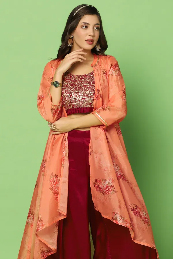 Maroon_Embroidered_Crop_Top_And_Palazzo_Set_With_Floral_Printed_Shrug_For_Women