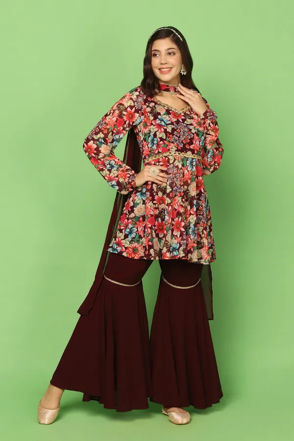 Coffee_Georgette_Floral_Printed_Top,_Sharara_And_Dupatta_Set_For_Women