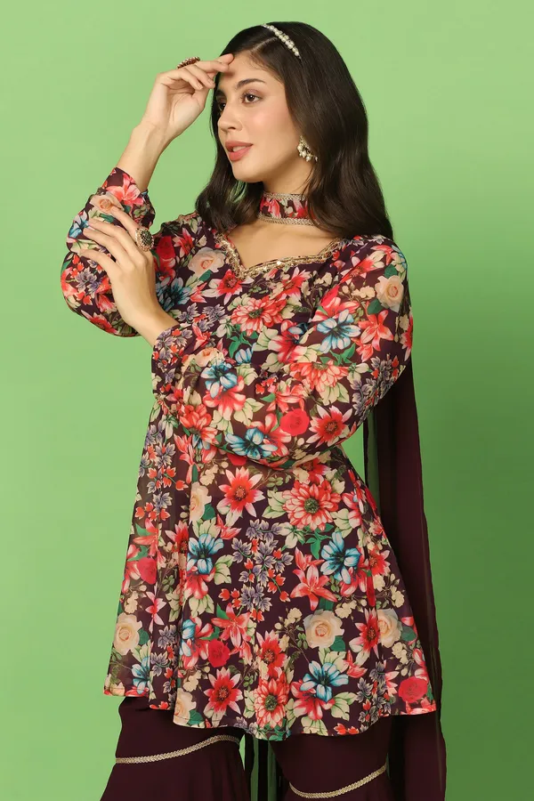 Coffee_Georgette_Floral_Printed_Top,_Sharara_And_Dupatta_Set_For_Women