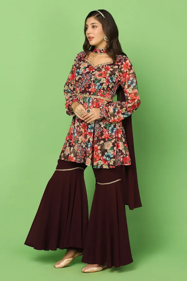 Coffee_Georgette_Floral_Printed_Top,_Sharara_And_Dupatta_Set_For_Women