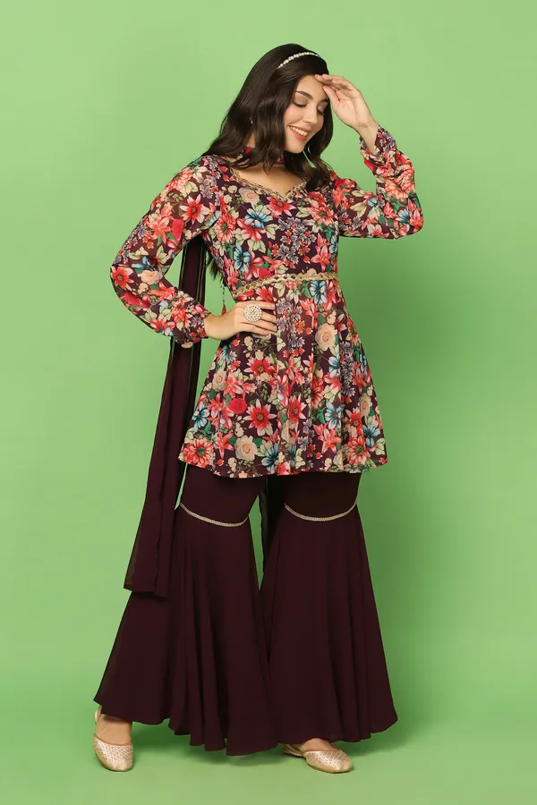 Coffee_Georgette_Floral_Printed_Top,_Sharara_And_Dupatta_Set_For_Women