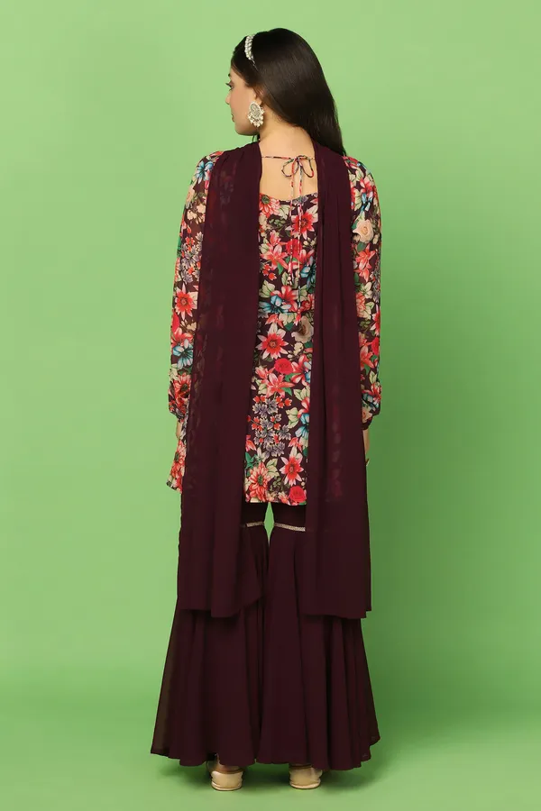 Coffee_Georgette_Floral_Printed_Top,_Sharara_And_Dupatta_Set_For_Women
