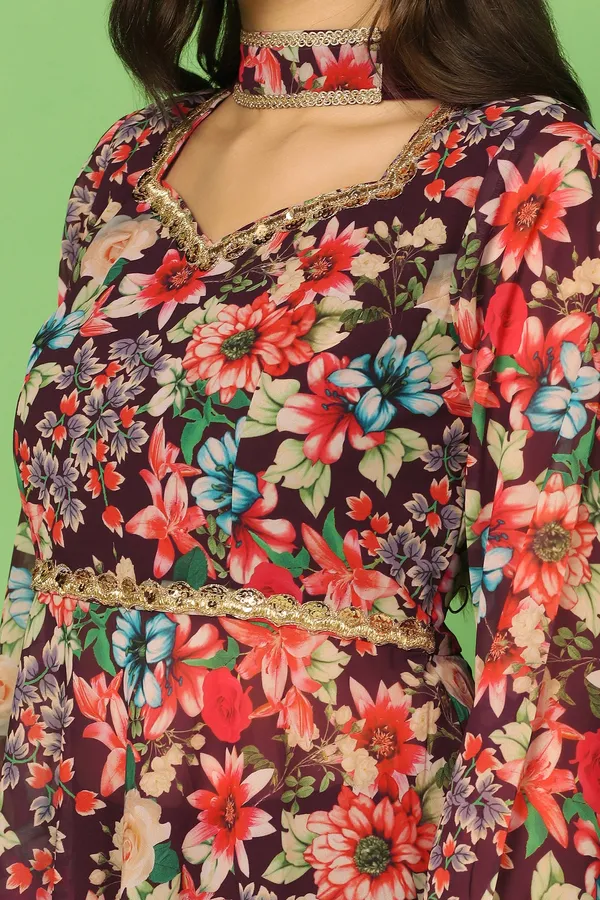 Coffee_Georgette_Floral_Printed_Top,_Sharara_And_Dupatta_Set_For_Women