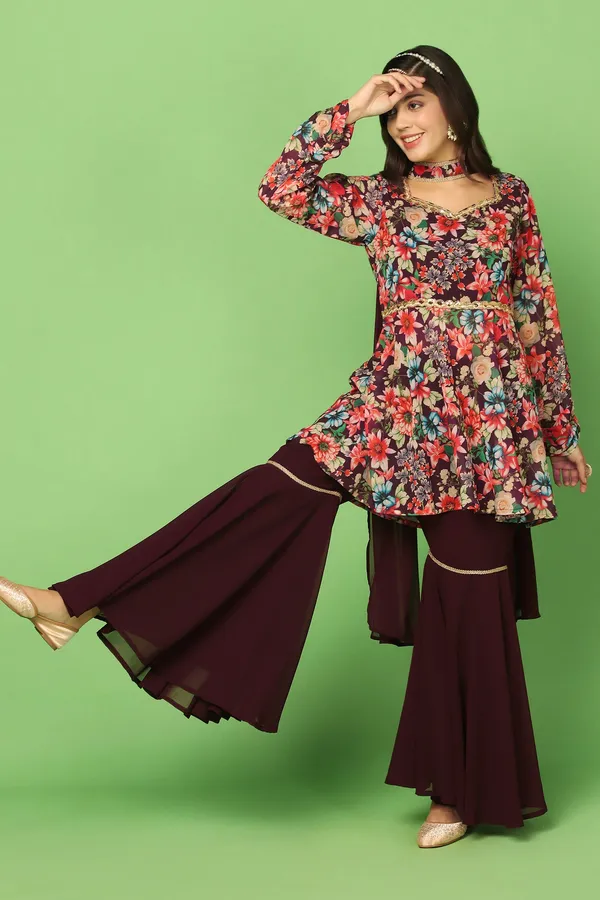 Coffee_Georgette_Floral_Printed_Top,_Sharara_And_Dupatta_Set_For_Women
