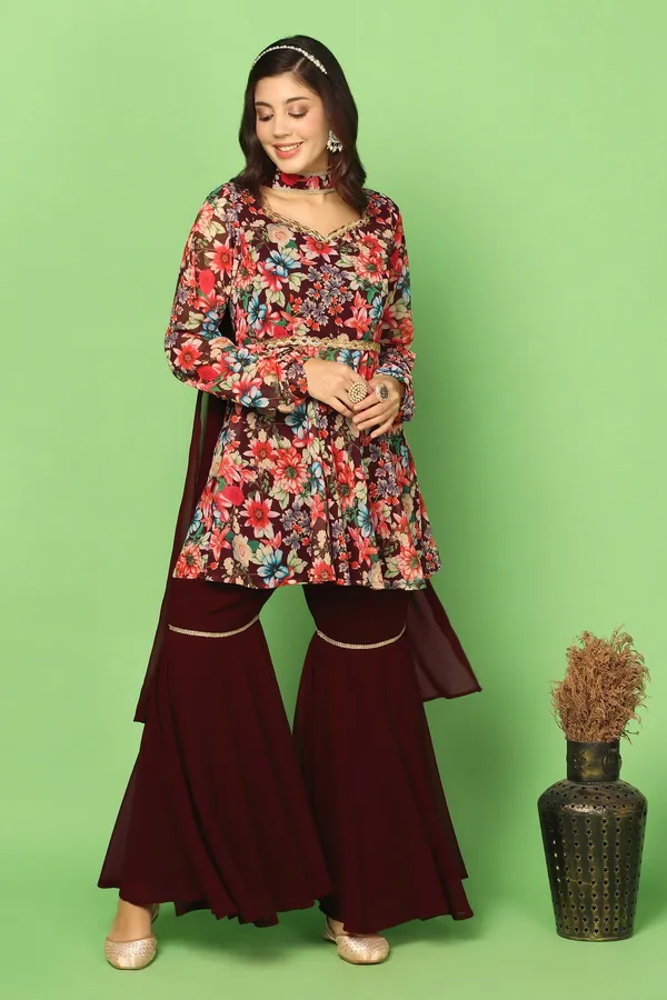 Coffee_Georgette_Floral_Printed_Top,_Sharara_And_Dupatta_Set_For_Women