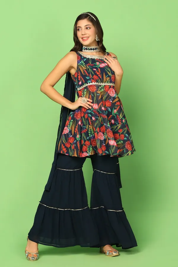 Navy_Blue_Georgette_Floral_Printed_Top,_Sharara_And_Dupatta_Set_For_Women