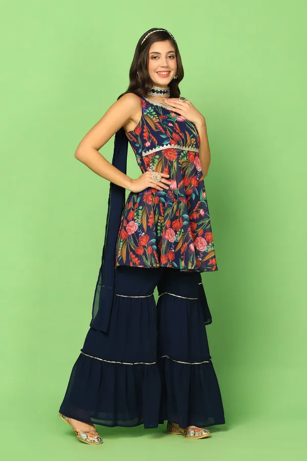 Navy_Blue_Georgette_Floral_Printed_Top,_Sharara_And_Dupatta_Set_For_Women