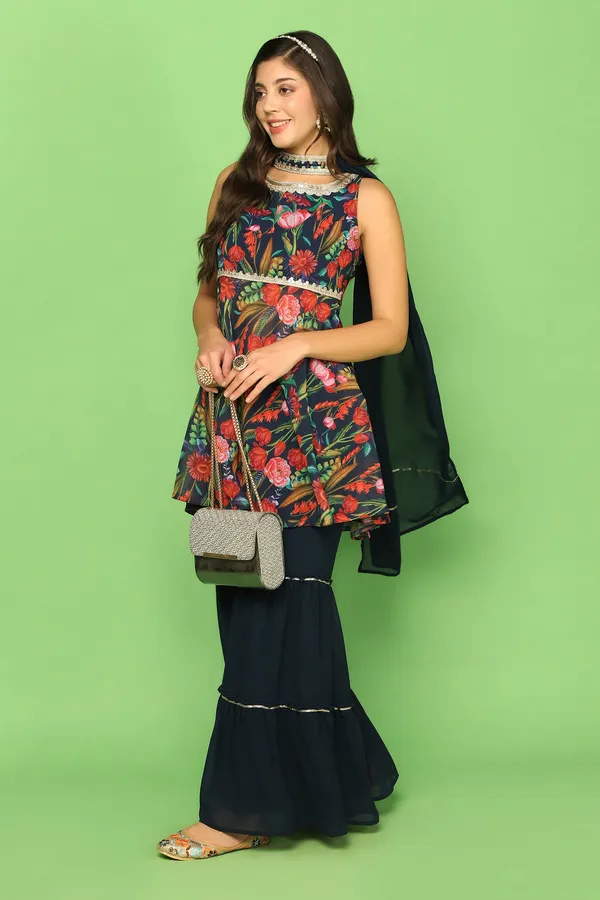 Navy_Blue_Georgette_Floral_Printed_Top,_Sharara_And_Dupatta_Set_For_Women