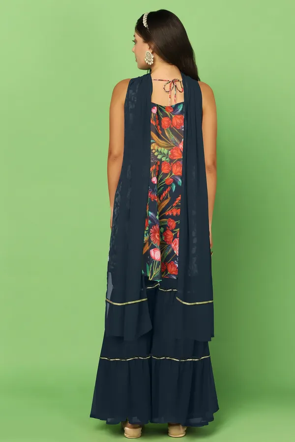 Navy_Blue_Georgette_Floral_Printed_Top,_Sharara_And_Dupatta_Set_For_Women