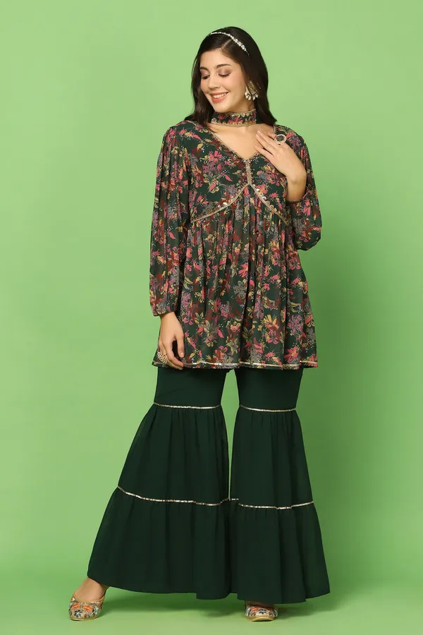 Bottle_Green_Georgette_Floral_Printed_Top,_Sharara_And_Dupatta_Set_For_Women