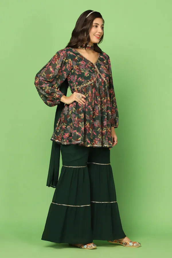 Bottle_Green_Georgette_Floral_Printed_Top,_Sharara_And_Dupatta_Set_For_Women