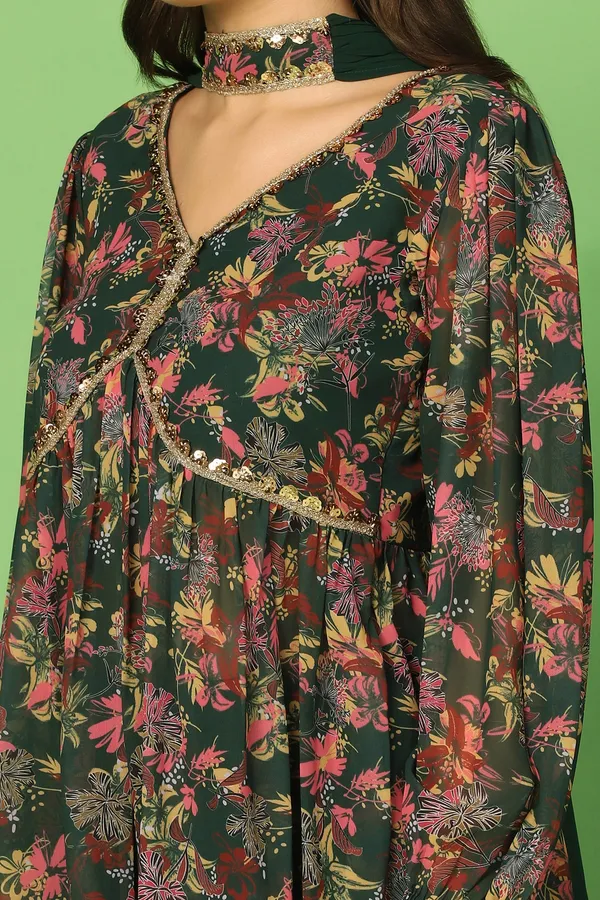 Bottle_Green_Georgette_Floral_Printed_Top,_Sharara_And_Dupatta_Set_For_Women
