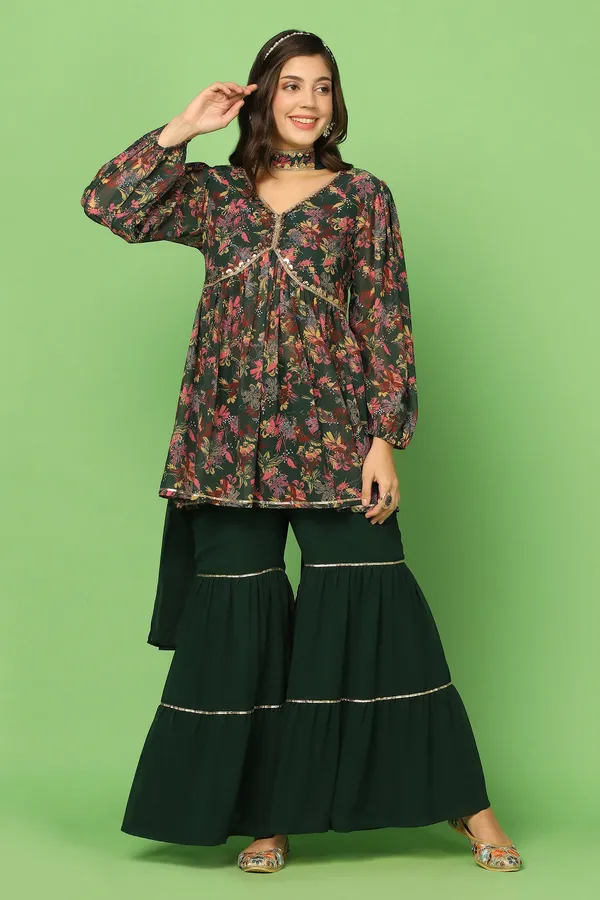Bottle_Green_Georgette_Floral_Printed_Top,_Sharara_And_Dupatta_Set_For_Women