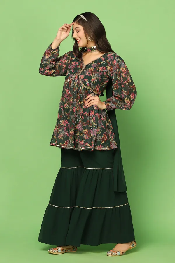 Bottle_Green_Georgette_Floral_Printed_Top,_Sharara_And_Dupatta_Set_For_Women