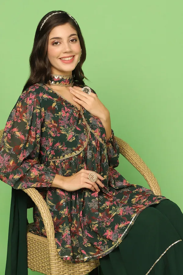 Bottle_Green_Georgette_Floral_Printed_Top,_Sharara_And_Dupatta_Set_For_Women