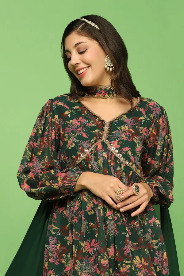 Bottle_Green_Georgette_Floral_Printed_Top,_Sharara_And_Dupatta_Set_For_Women