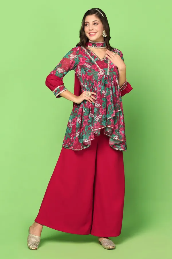 Maroon_Georgette_Floral_Printed_Top,_Palazzo_And_Dupatta_Set_For_Women
