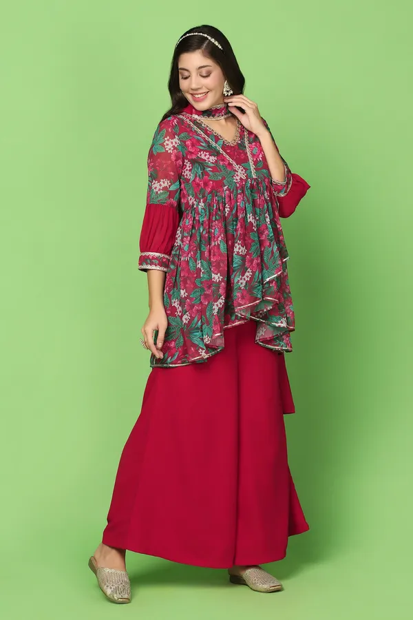 Maroon_Georgette_Floral_Printed_Top,_Palazzo_And_Dupatta_Set_For_Women