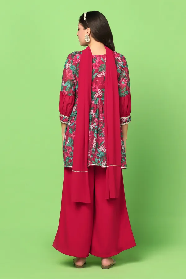 Maroon_Georgette_Floral_Printed_Top,_Palazzo_And_Dupatta_Set_For_Women