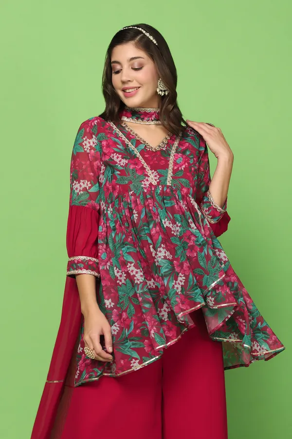 Maroon_Georgette_Floral_Printed_Top,_Palazzo_And_Dupatta_Set_For_Women