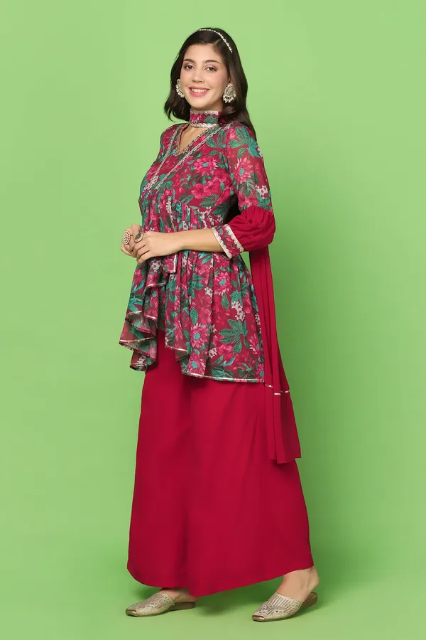 Maroon_Georgette_Floral_Printed_Top,_Palazzo_And_Dupatta_Set_For_Women
