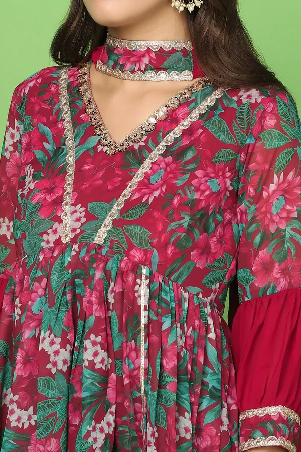 Maroon_Georgette_Floral_Printed_Top,_Palazzo_And_Dupatta_Set_For_Women