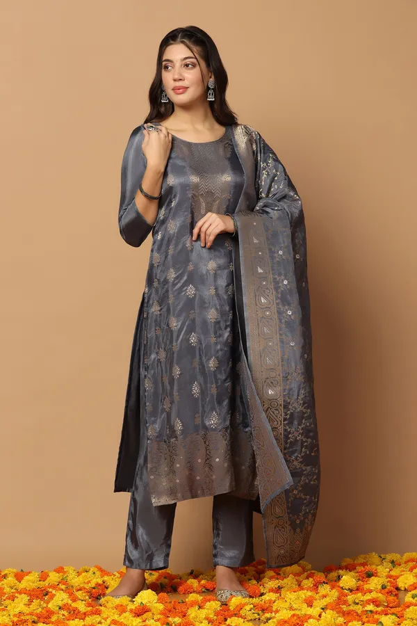 Grey_Dola_Silk_Jacquard_Work_Kurta_Set_With_Dupatta_For_Women